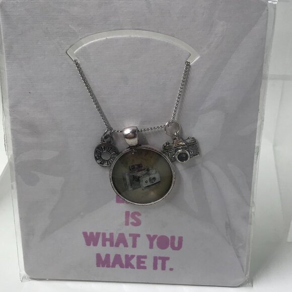 NEW Pendent Necklace with a camera and 2 charms; silver 22" chain - Picture 1 of 5